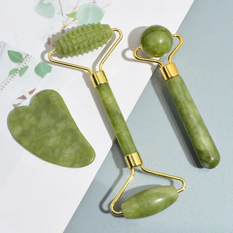 Jade Roller Stone - 天然翡翠ローラーフェイスグアシャ天然石ボディネックマッサージャー経穴アイケアスパマッサージツールマッサージ顔リフティング